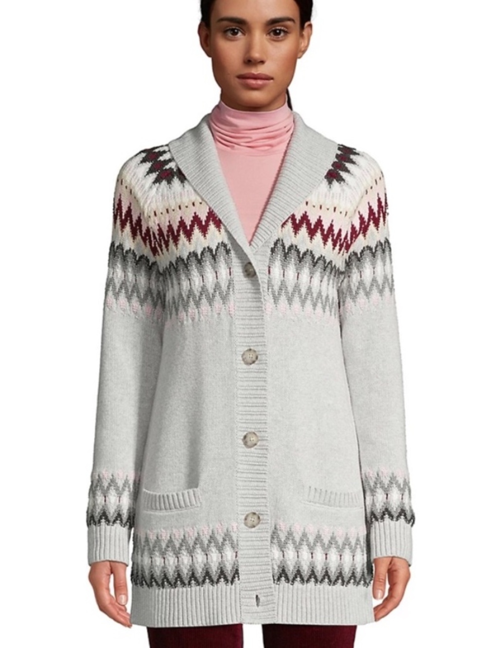 Lands' End Drifter Fair Isle Cardigan Shawl Collar Cotton Long Sweater Medium MT